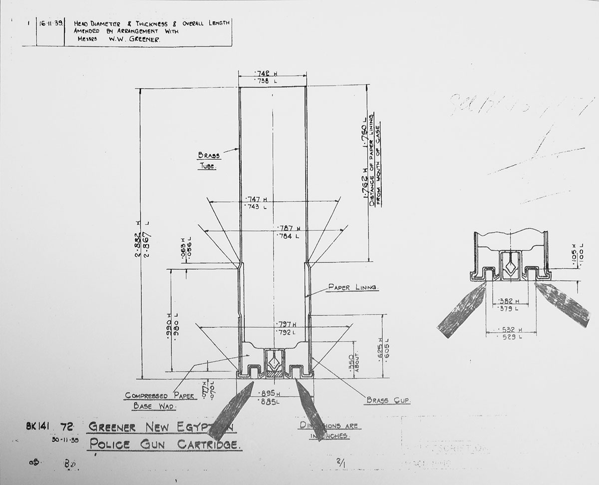 A factory drawing of the Mark III Police Gun cartridge. Note the groove in the head (arrows).